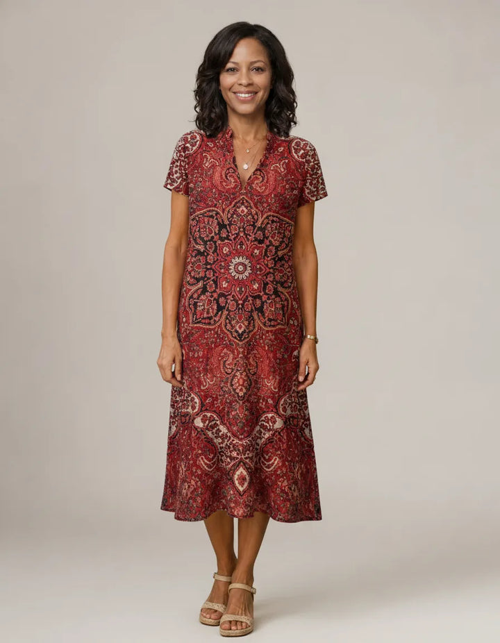 Earling | Floral Collared Short Sleeve Midi Dress — Red