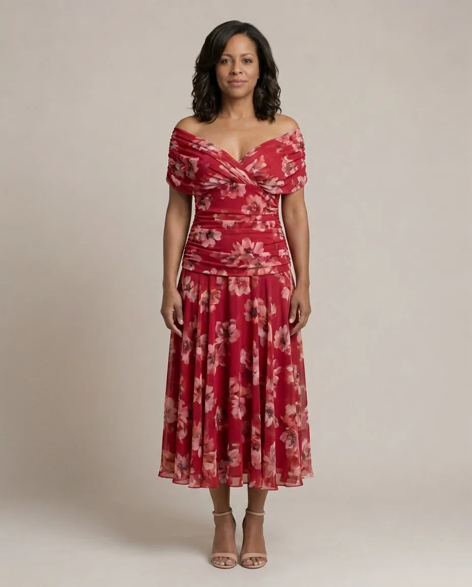 Calen | Off Shoulder Flow Midi Dresses — Red