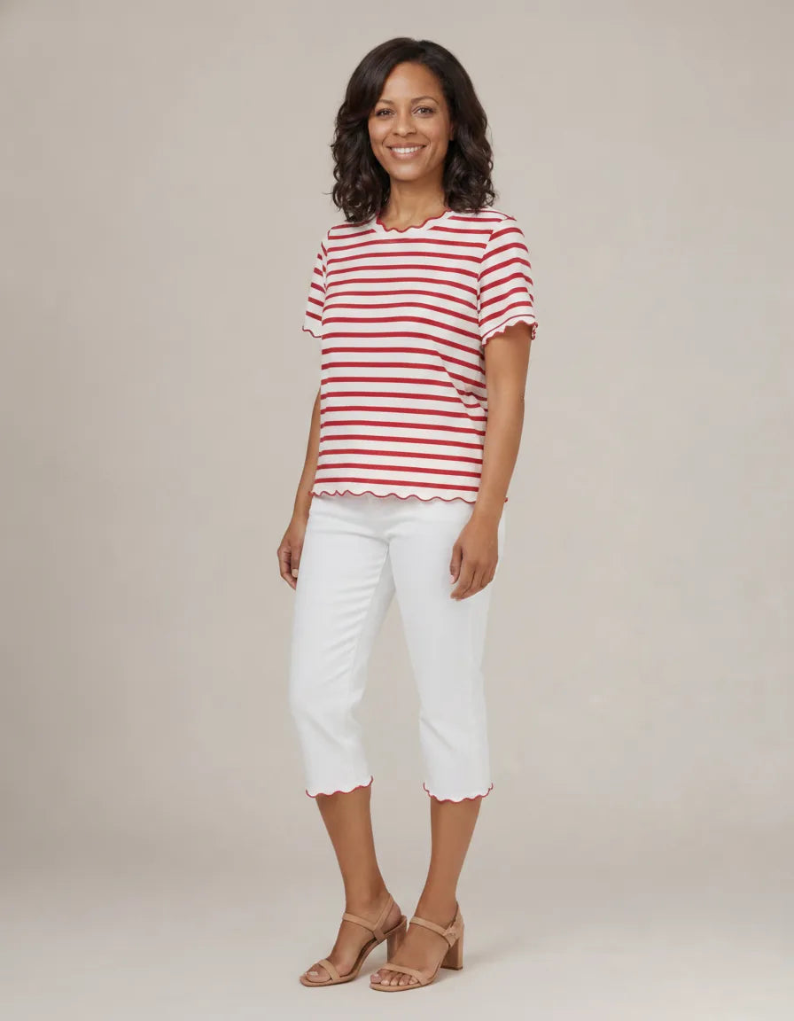 Women's Scalloped Crew Neck Striped T-Shirt — Red