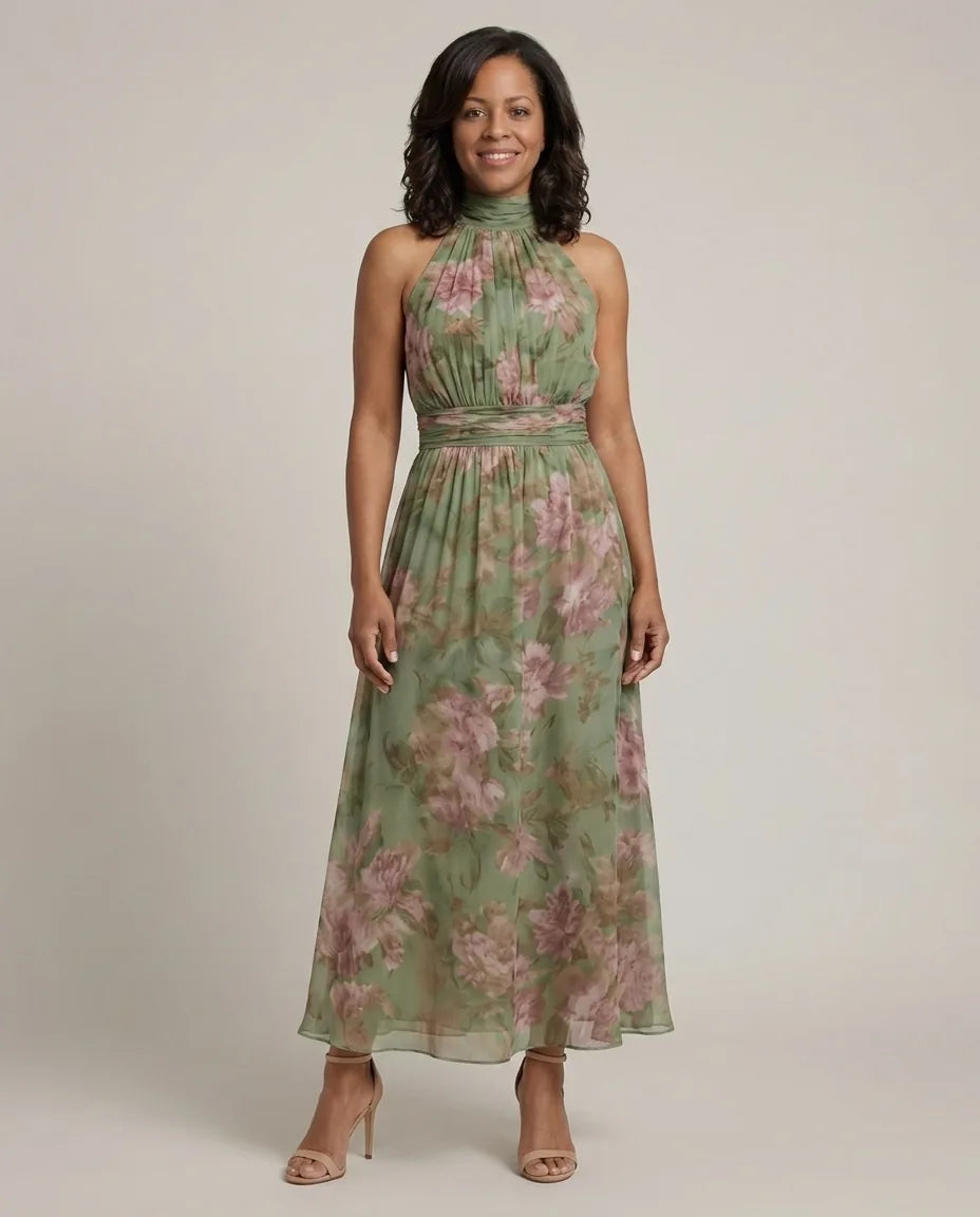 Chloe | Gathered Halter Midi Dress — Sage Green