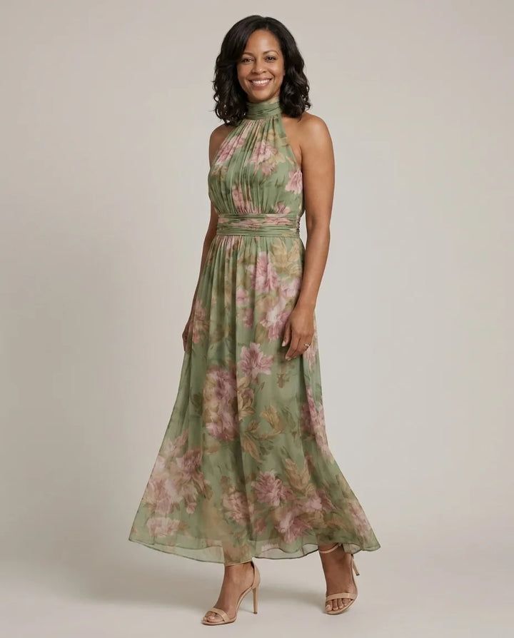 Chloe | Gathered Halter Midi Dress — Sage Green