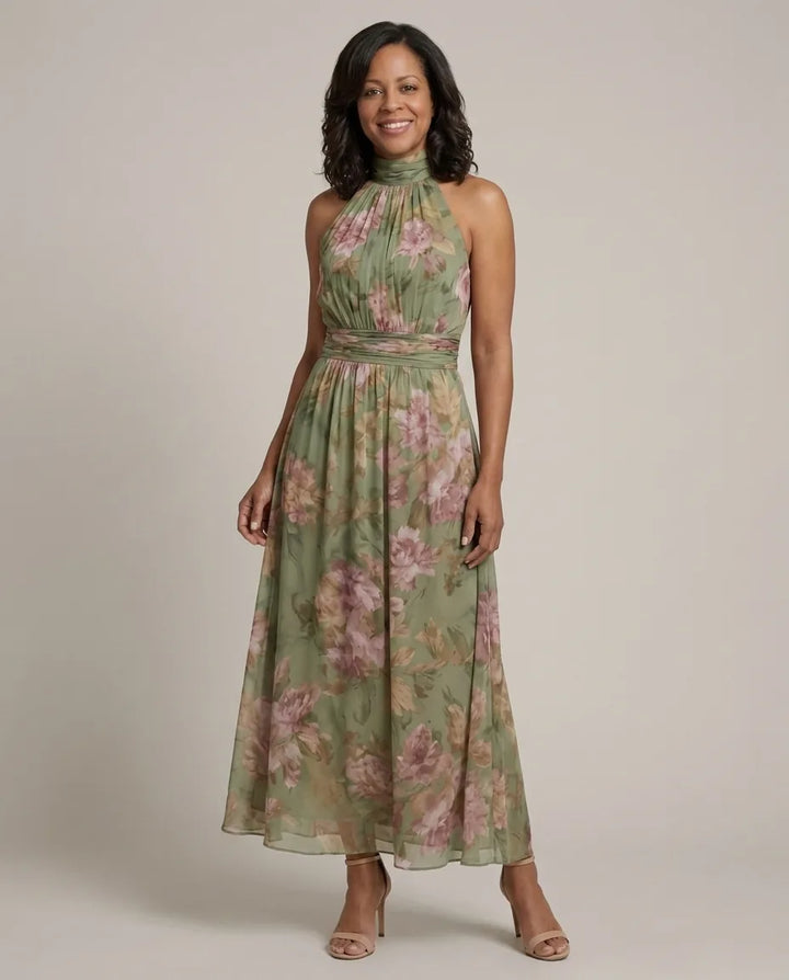 Chloe | Gathered Halter Midi Dress — Sage Green
