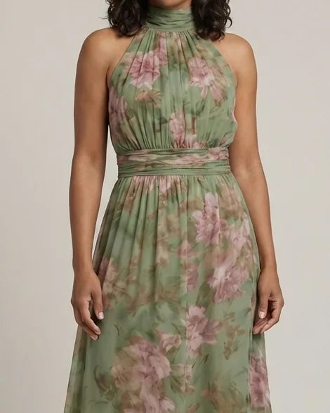Chloe | Gathered Halter Midi Dress — Sage Green