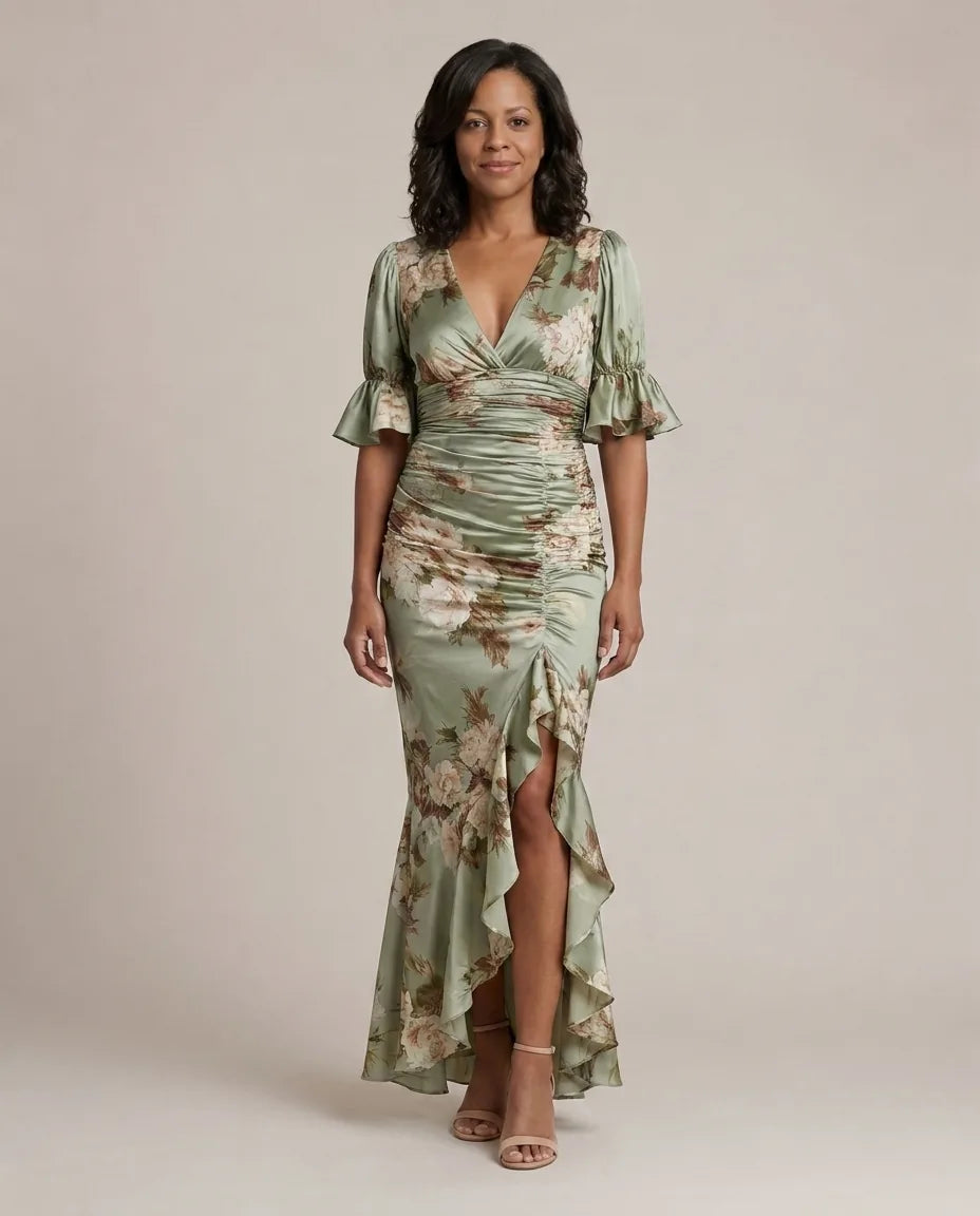 Anastasia | Long Dress with Floral Print — Sage Green