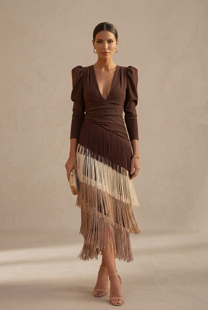 Fiona | Sage Green Fringe Midi Dress