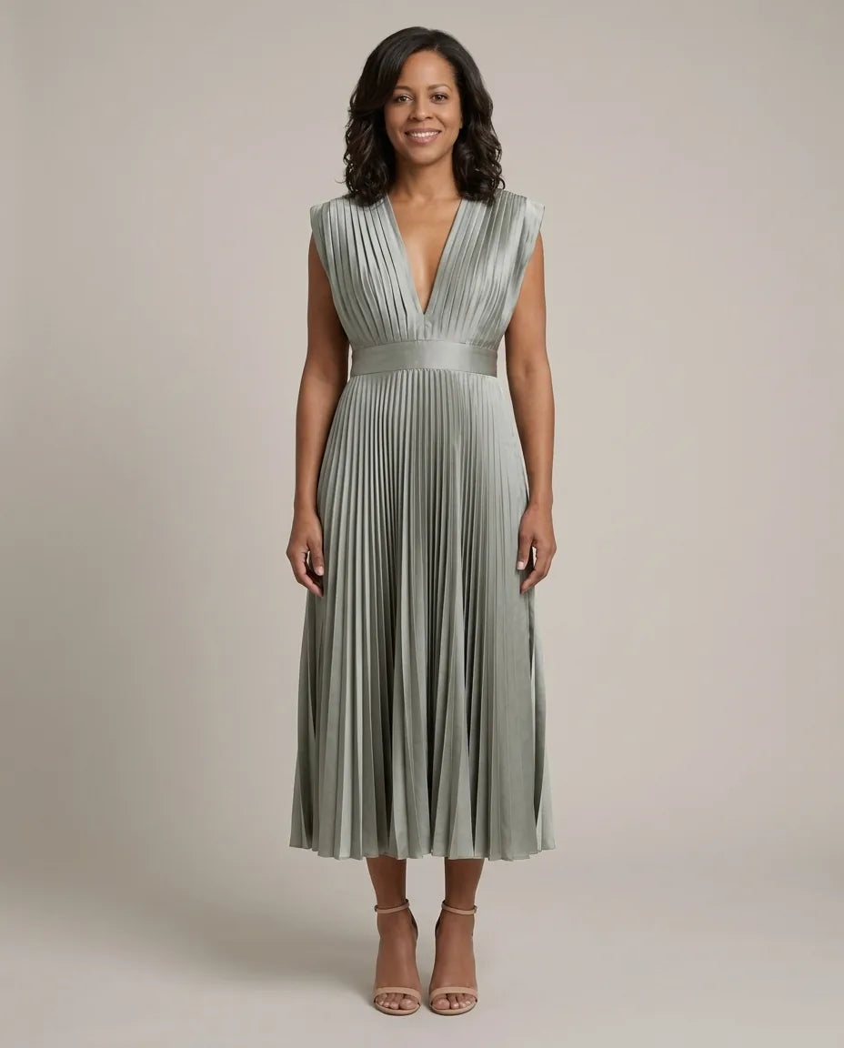 Genevieve | Timeless Pleated Midi Dress — Silver