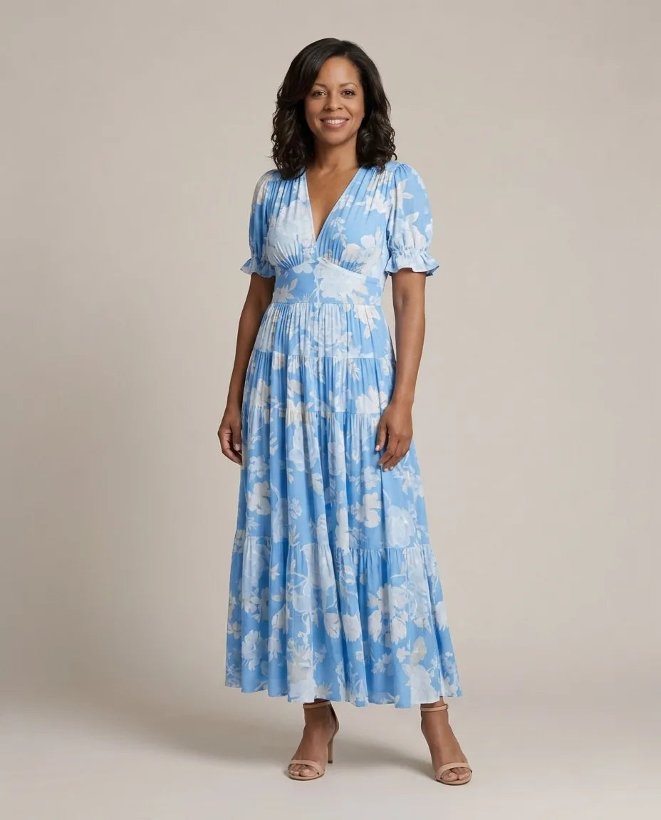 Lone | Short Sleeve V Neck Floral Midi Dress — Sky blue