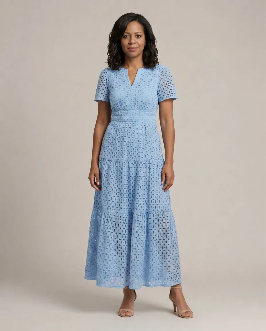 Brielle | V Neck Short Sleeve Tiered Midi Dress — Sky blue