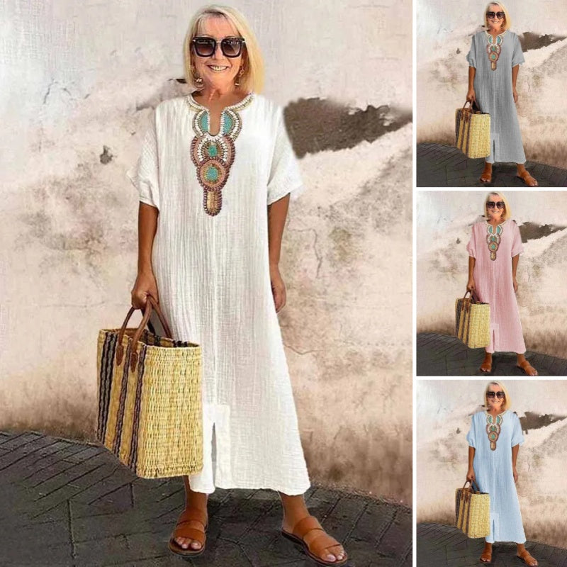 Lioba - Casual Linen Embroidered Split Dress