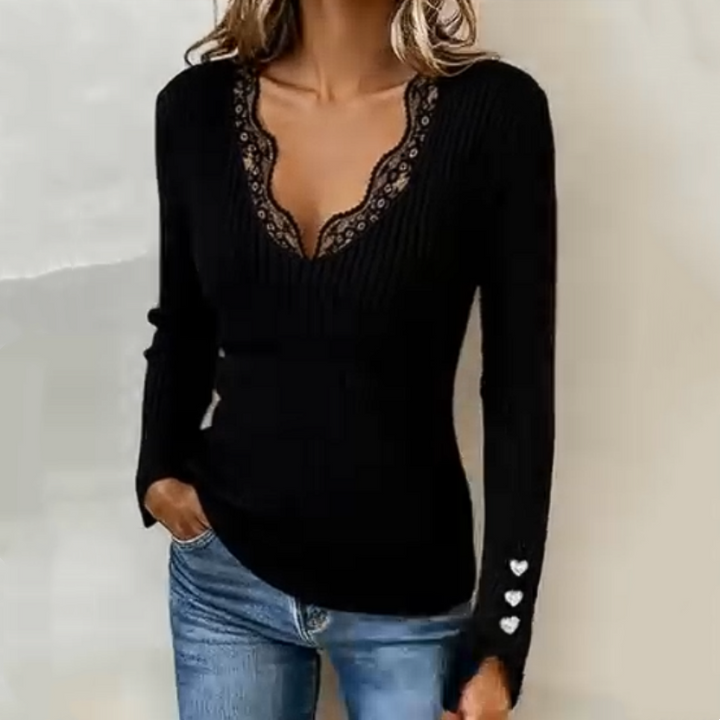 Elara | Ribbed Knit V-Neck Lace Top