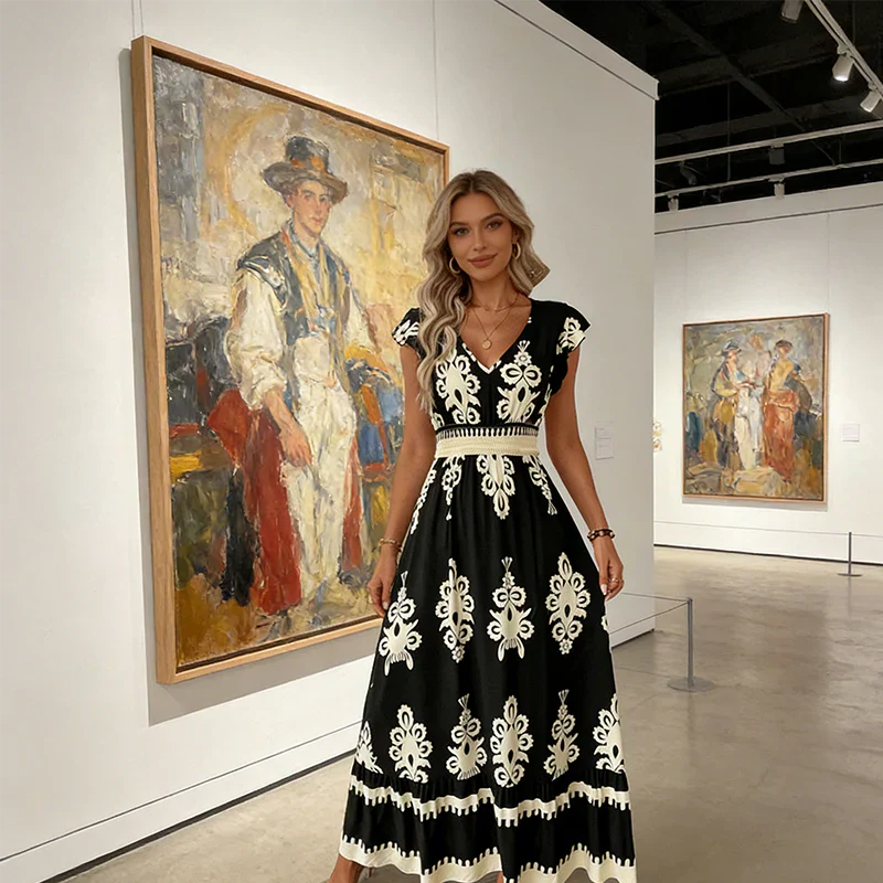 Serena | Baroque V-Neck Maxi Dress