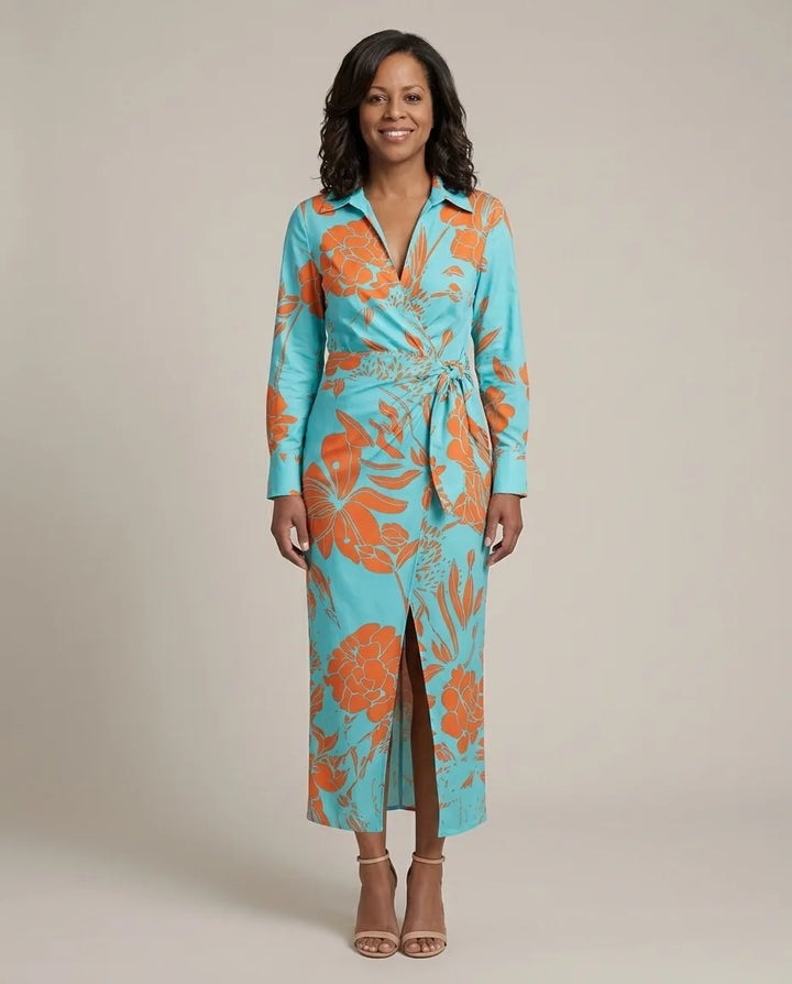 Josephine | Printed Wrap Dress — Turquoise