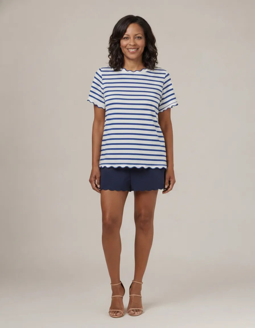 Women's Scalloped Crew Neck Striped T-Shirt — White & Blue