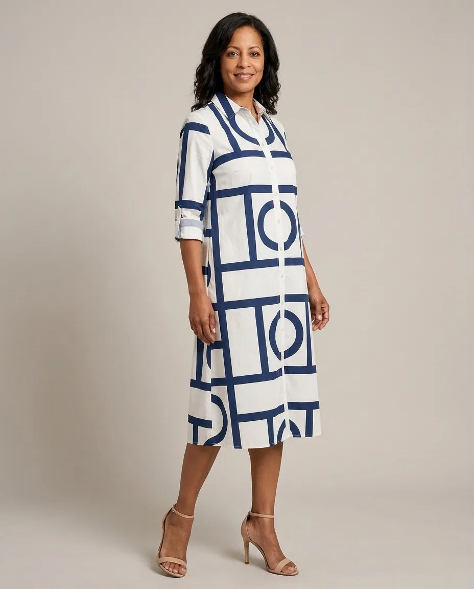 Siena | Sophisticated Midi Dress — White Blue