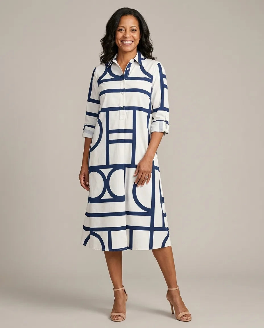 Siena | Sophisticated Midi Dress — White Blue