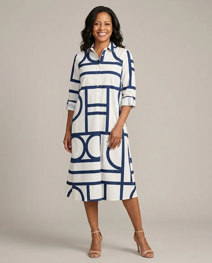 Siena | Sophisticated Midi Dress — White Blue