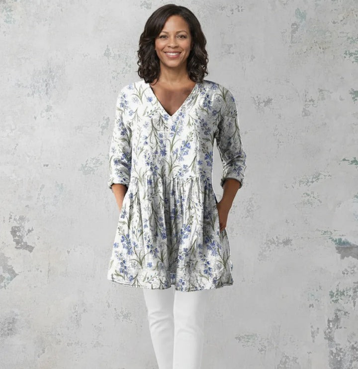 Jeanne | Long Blouse with V-Neck — White