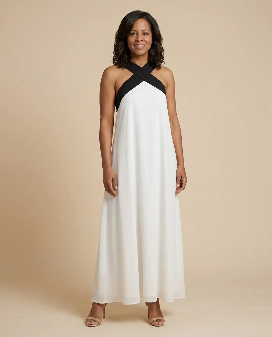 Velora | Cross Elegance Maxi Dress — White