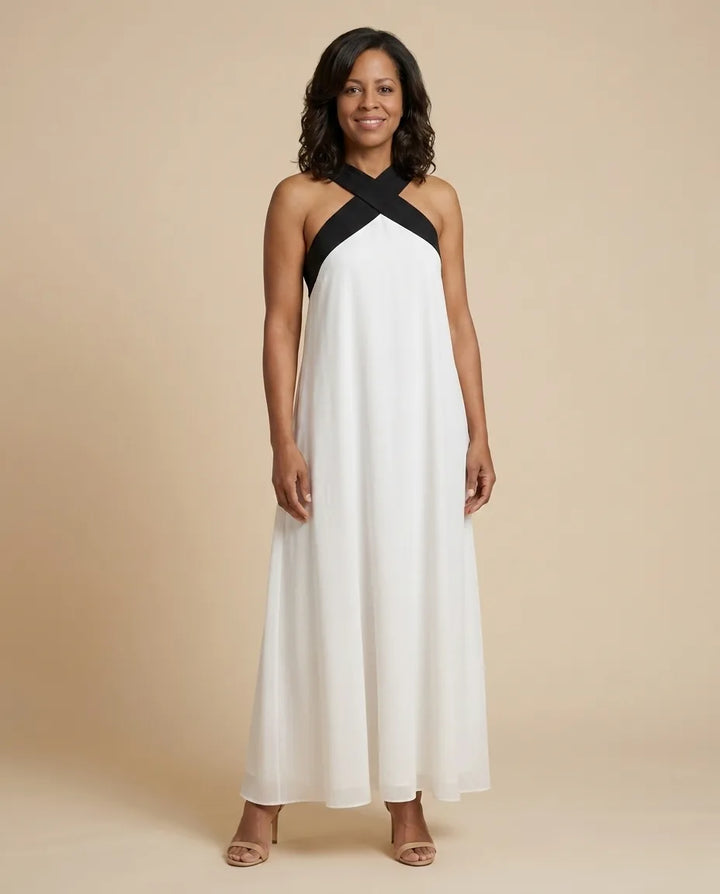 Velora | Cross Elegance Maxi Dress — White