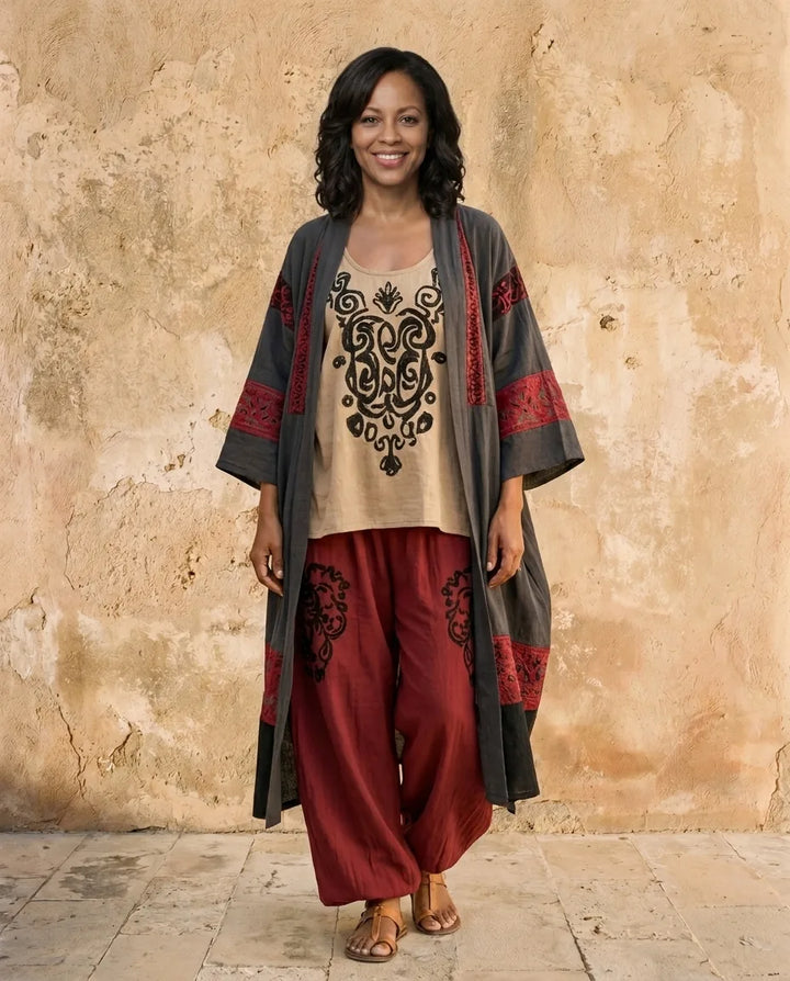 Seraphina | Printed Linen-Blend Three-Piece Set — Wine Red