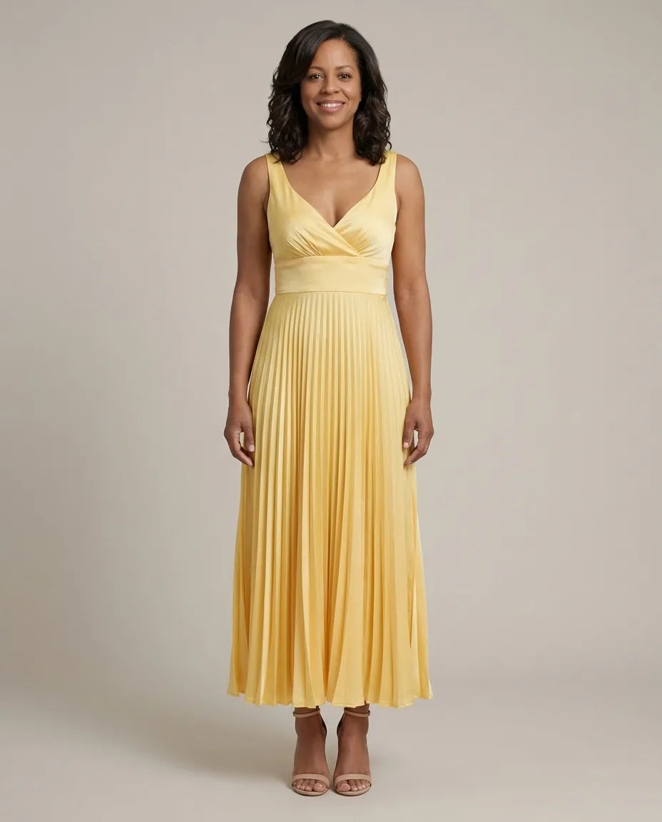 Quinn | Pleated V-Neck Maxi Dress — Yellow
