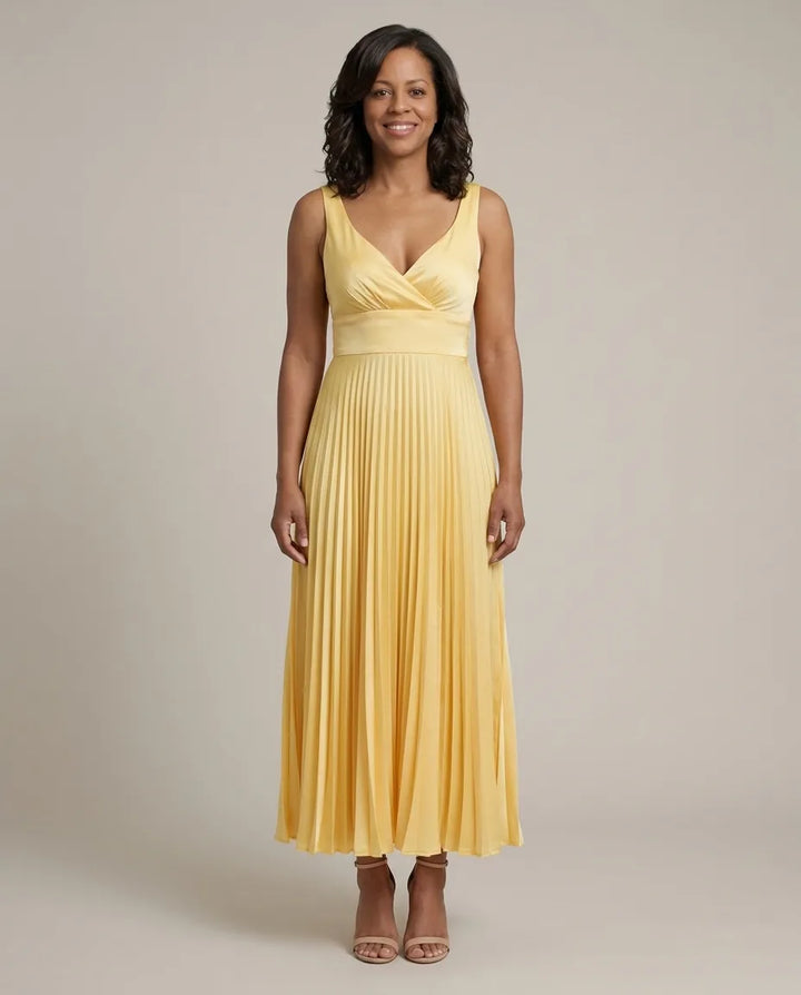 Quinn | Pleated V-Neck Maxi Dress — Yellow