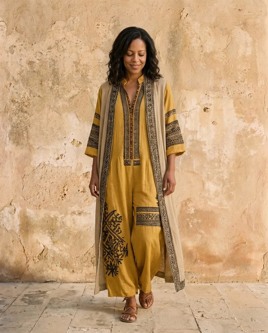 Saffron | Graphic Print Jumpsuit And Duster Set — Yellow
