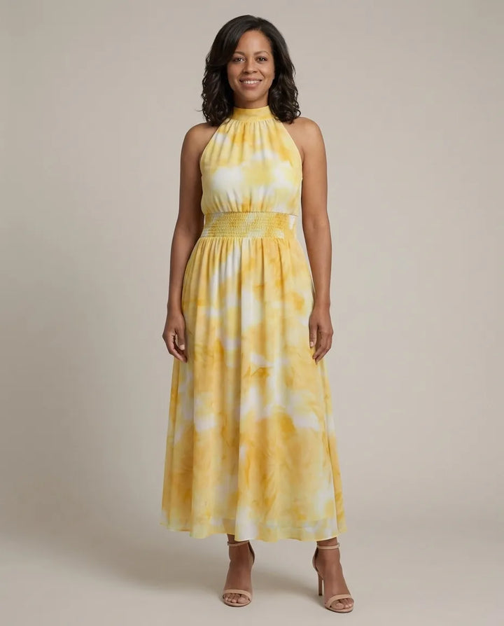Willow | Gathered Halter Midi Dress — Yellow