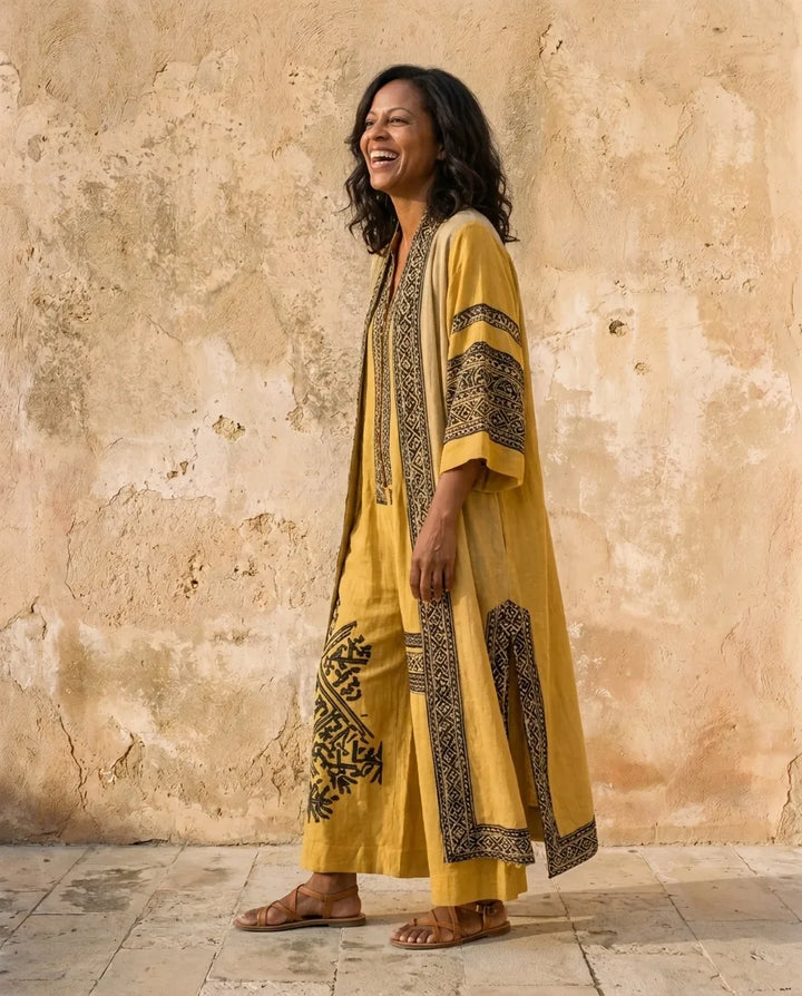Saffron | Graphic Print Jumpsuit And Duster Set — Yellow
