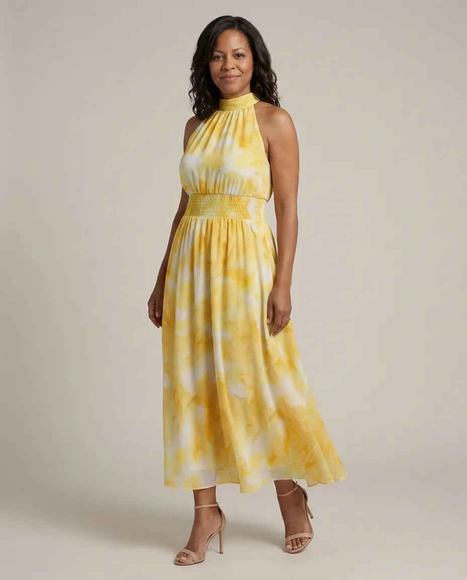 Willow | Gathered Halter Midi Dress — Yellow