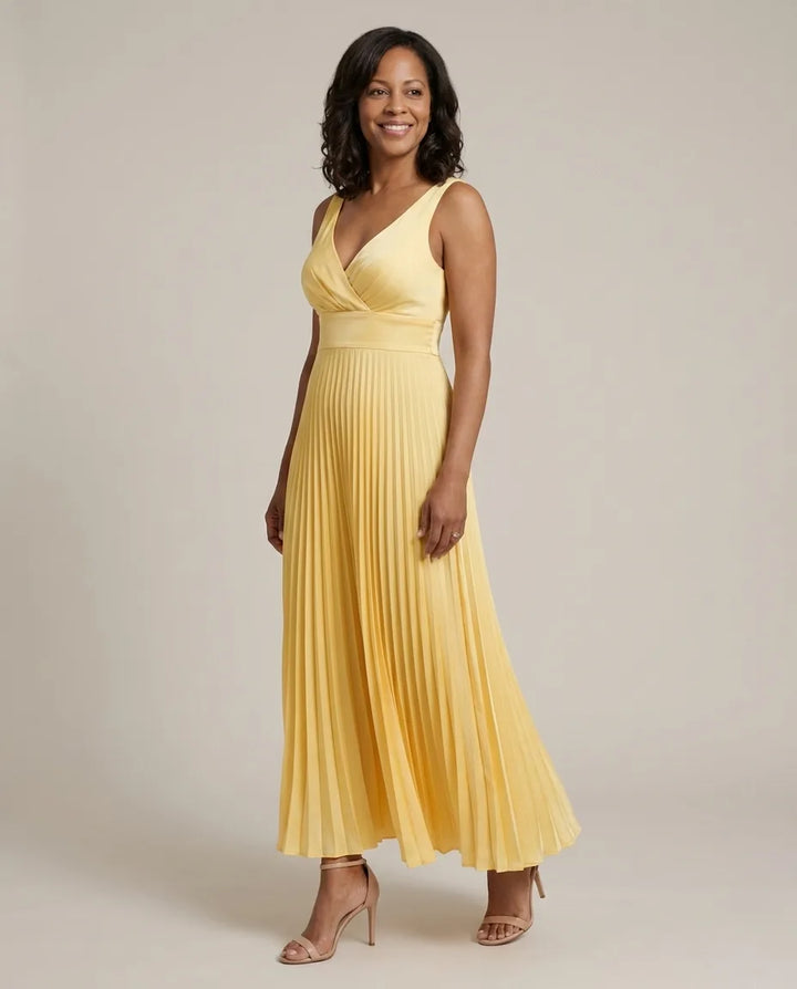 Quinn | Pleated V-Neck Maxi Dress — Yellow
