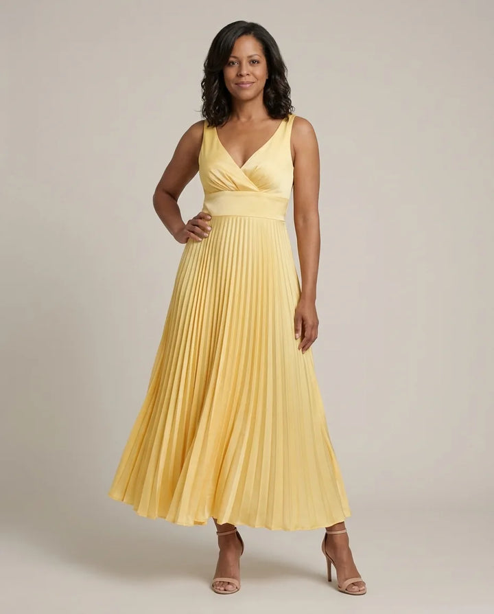 Quinn | Pleated V-Neck Maxi Dress — Yellow