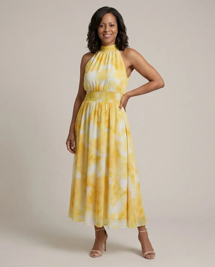 Willow | Gathered Halter Midi Dress — Yellow