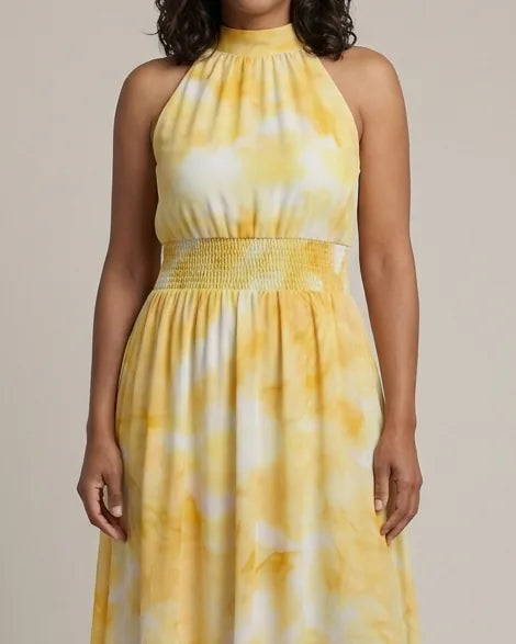 Willow | Gathered Halter Midi Dress — Yellow
