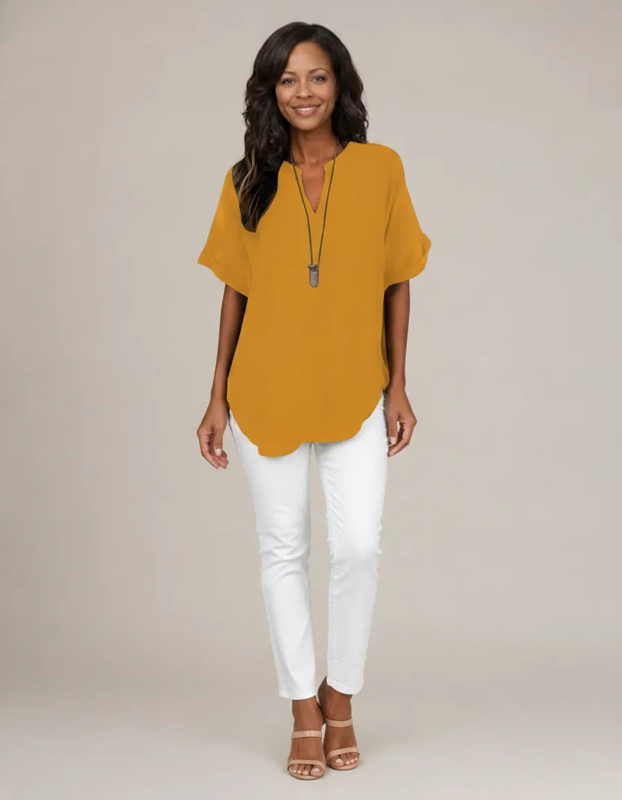 Atasia | Soft-Touch Notched-Neck Blouse — Yellow
