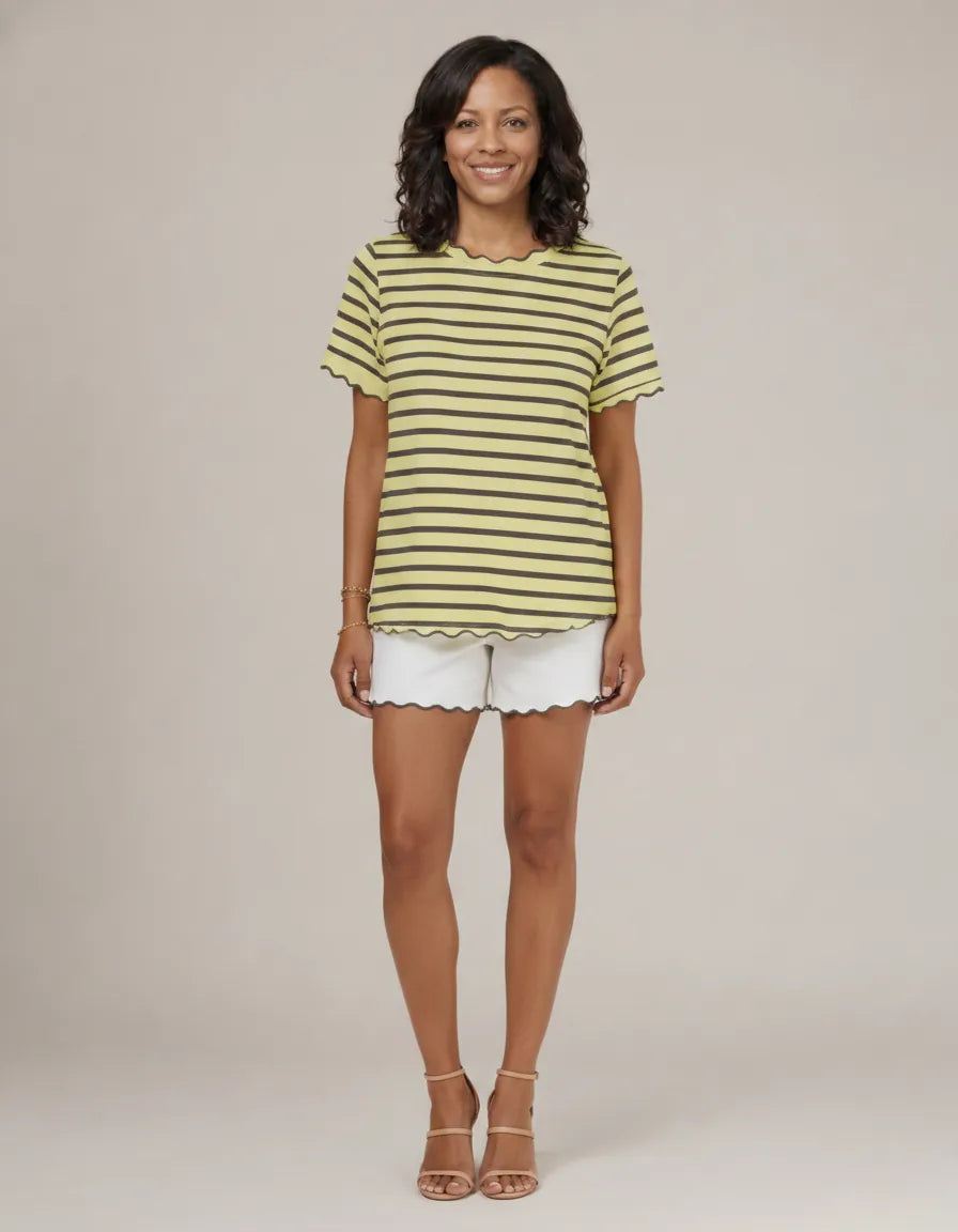 Women's Scalloped Crew Neck Striped T-Shirt — Yellow