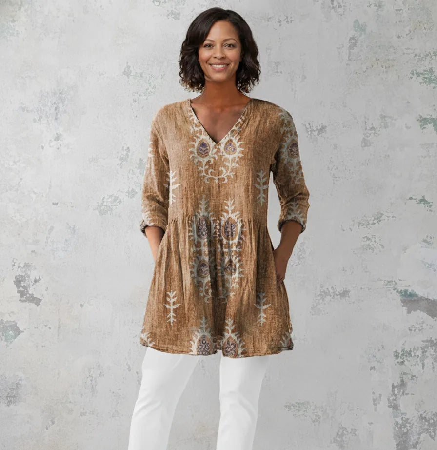 Elise | Long Blouse with V-Neck — Yellow