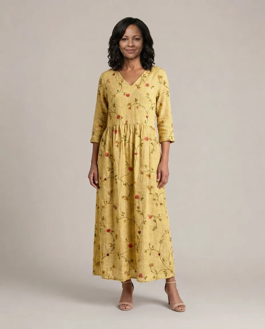 Marina | Floral V Neck Three Quarter Sleeve Maxi Dress — Yellow