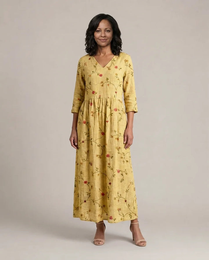 Marina | Floral V Neck Three Quarter Sleeve Maxi Dress — Yellow
