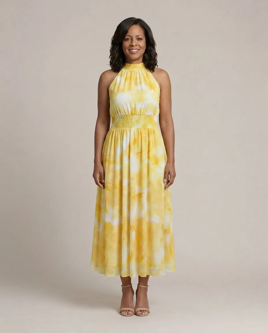 Sylin | Gathered Halter Midi Dress — Yellow