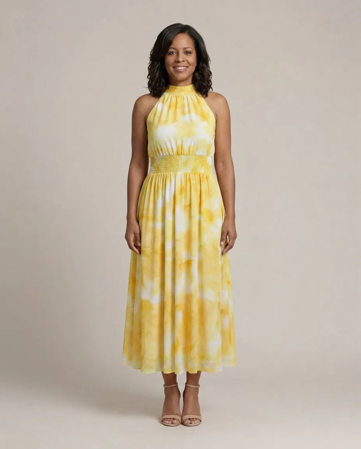 Sylin | Gathered Halter Midi Dress — Yellow